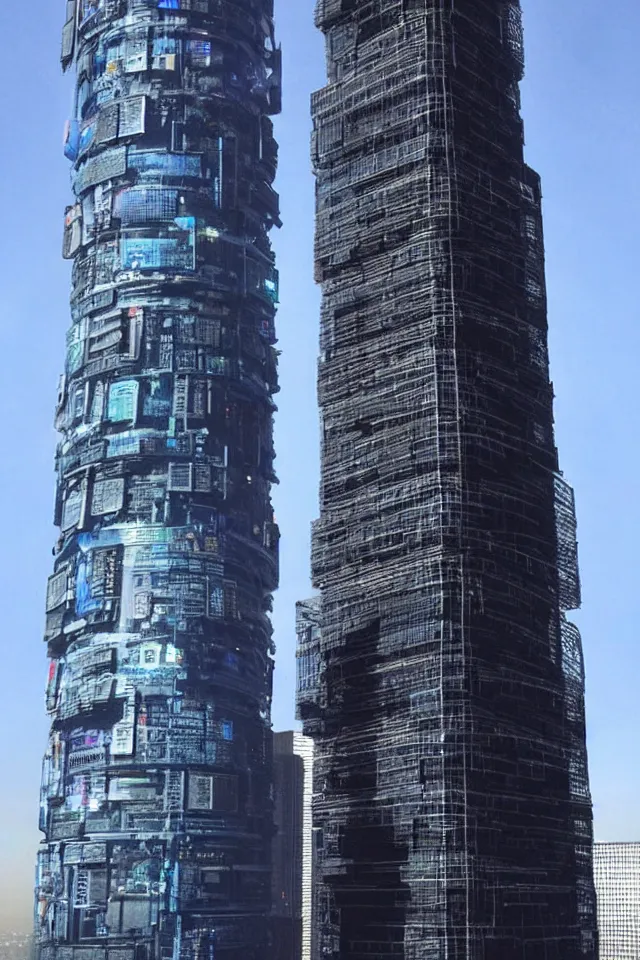 Prompt: cyberpunk tower made out of billions of stacked computer screens