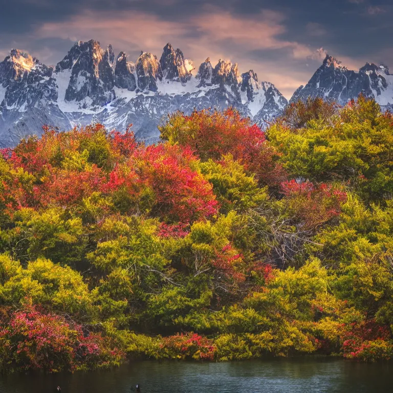 Image similar to a beautiful awesome artistic tree with falling flowers like leaves and many birds, all in the amazing outdoors view, mountain in the background, lake, long exposure, 8 k resolution, trending on artstation