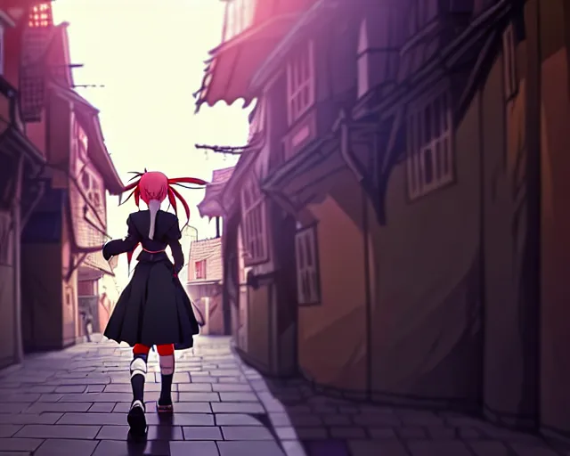 Image similar to anime still frame portrait of a young female walking through a busy medieval village, dynamic pose, dynamic perspective, detailed silhouette, cel shaded anime, ilya kuvshinov