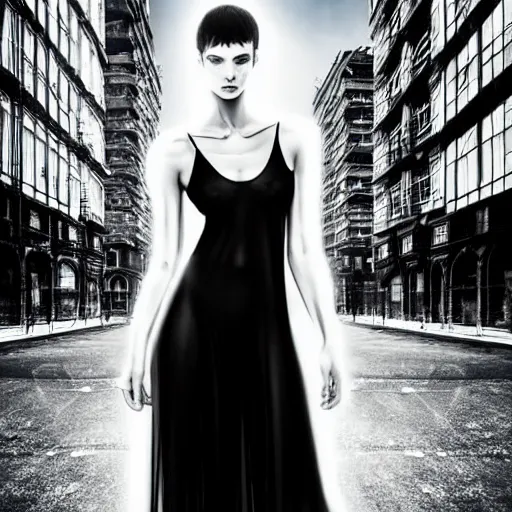 Image similar to a tall russian girl in a transparent sheer fabric dress against the background of a apocalyptic city, full body shot, perfect symmetrical body, perfect symmetrical face, coherent symmetrical eyes, by luise royo 8 k