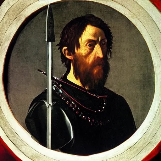 Prompt: Alfred the Great wielding a blood stained sword. Painted by Caravaggio, high detail