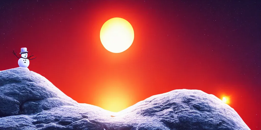 Image similar to a snowman standing on top of the sun. the ground is made of fire and lava and is glowing orange. cinematic, dramatic, volumetric lighting, atmospheric, red, orange extremely coherent, 8 k, space