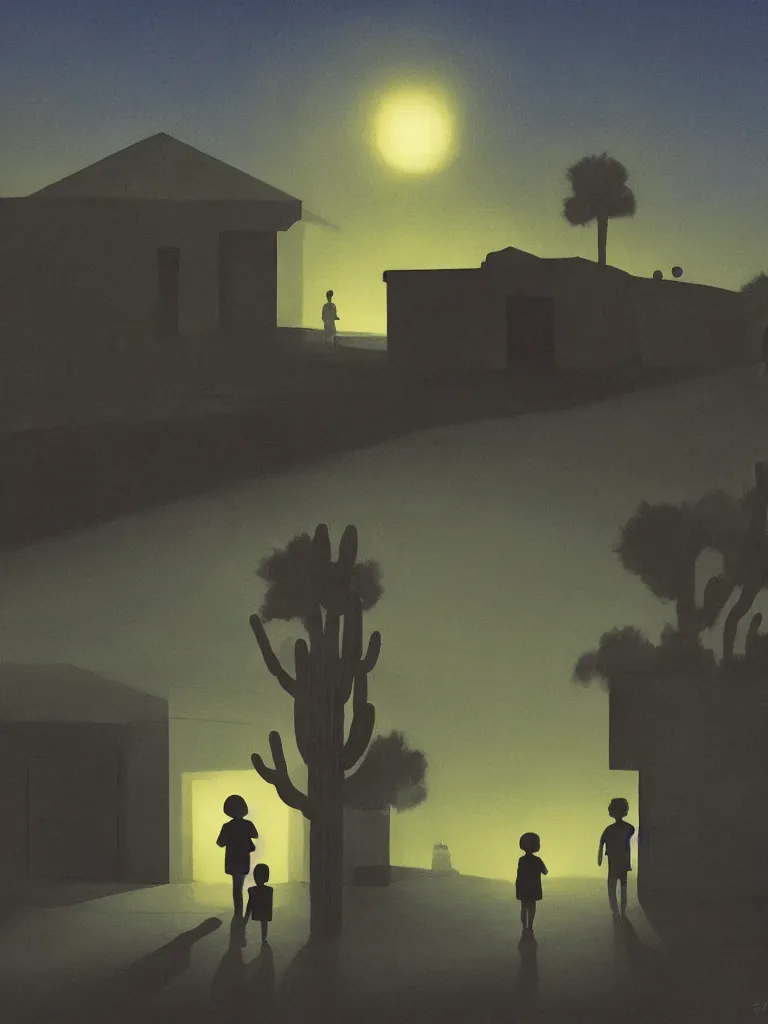 Image similar to two kids posing for a picture at night, dark, backlighting, rural area, desert town square, trees, artwork by edward hopper, james gilleard, zdzislaw beksinski, atmospheric