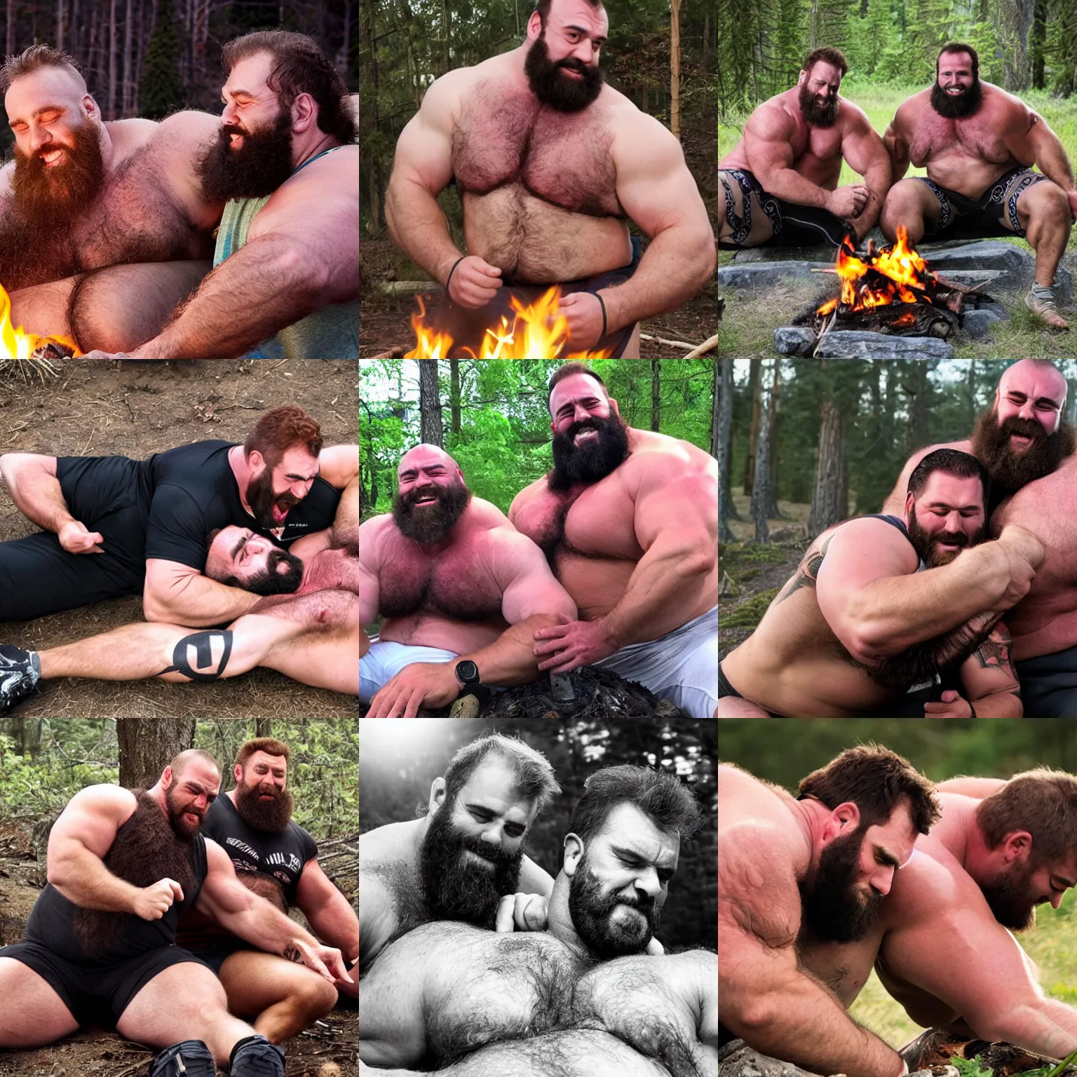 Prompt: big burly hairy manly strongmen spooning each other around a campfire