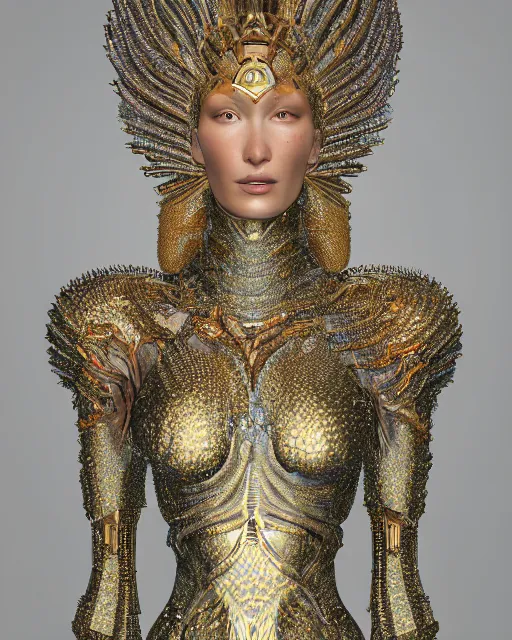 Image similar to a highly detailed metahuman 4 k close up render of an alien goddess bella hadid monument in iris van herpen armor schiaparelli in diamonds crystals swarovski and jewelry iridescent in style of alphonse mucha gustav klimt trending on artstation made in unreal engine 4