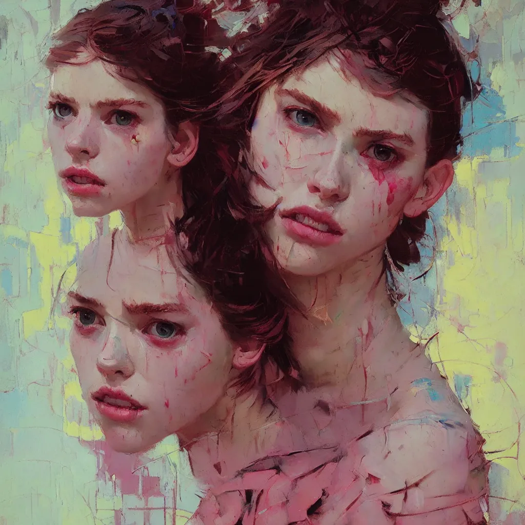 Prompt: portrait of a beautiful girl,, intimate, pastel shades, beautiful face, rule of thirds, spotlight, expressive, passionate. one girl, by greg rutkowski, by jeremy mann, by francoise nielly, by vincent van gogh, oil painting