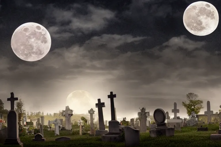 Prompt: a cemetery with a full moon in the background, a detailed matte painting by dirk crabeth, shutterstock contest winner, gothic art, gothic, macabre, goth