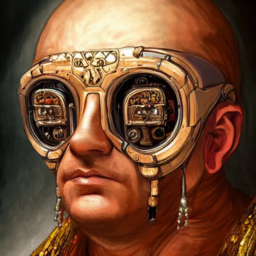 Prompt: portrait headshot digital painting of a old 17th century old cyborg merchant amber jewels baroque ornate clothing scifi hyper realistic