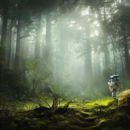 Image similar to an astronaut scans the lush forest, digital art, epic composition, highly detailed, cinematic lighting