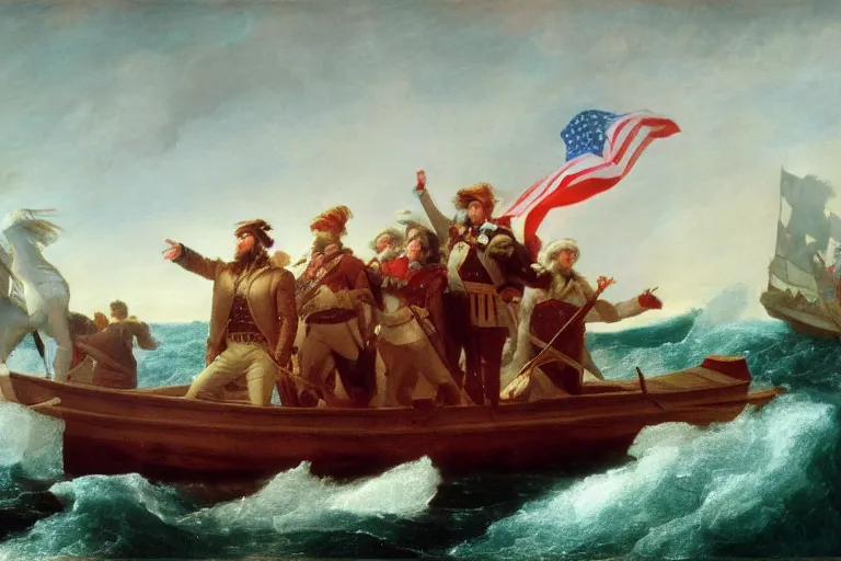 Image similar to Donald Trump crossing the delaware there is an arbys sign in the background by Emanuel Leutze
