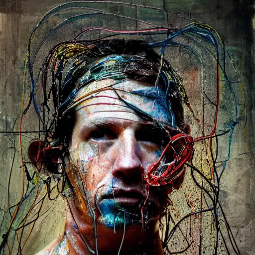 Prompt: portrait of a man of wires and cables, torn skin and bandages, glitched, photography, marta syrko, julia margaret cameron, painterly, dripping and splashing coloured paint and oil. scumbling, de kooning, craig mullins