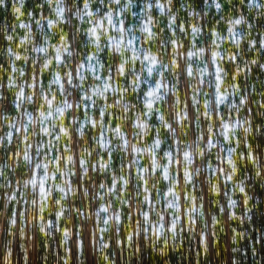 Prompt: 1 0 seconds long exposure photograph of eucalyptus trees, strong wind, back light, sony ar 7 ii, photographed by julie blackmon