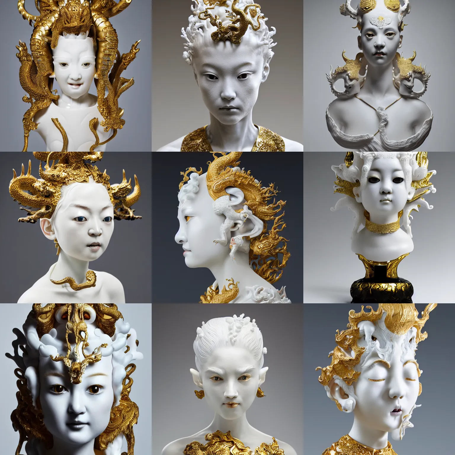 Prompt: full head and shoulders, beautiful female white, porcelain sculpture, with lots of ornate gold leaf 3 d chinese dragons attached to head by daniel arsham and yoshitaka amano, on a white background, delicate facial features, white eyes, white lashes