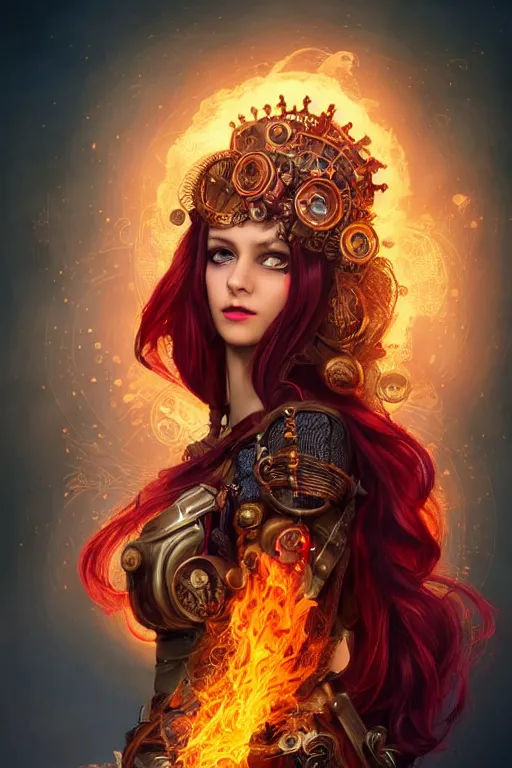 Image similar to a beautiful image of a young woman, steampunk Chandra queen of fire, big googles over her head, long flowing hair glowing with fire, steampunk costume mostly red and gold young female face, cinematic top lighting, insanely detailed and intricate, face by wlop, Charlie Bowater, golden ratio, symmetric, elegant, ornate, luxury, elite, matte painting, cinematic, trending on artstation, deviantart and cgsociety, 8k, high resolution