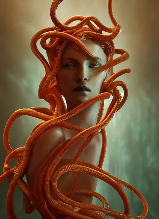 Image similar to medusa made of soft wax, wooden art nouveau swirls, strong subsurface scattering, cables, translucent tubes, subsurface scattering, in the style of ruan jia and beeple and giger, subsurface scattering, mystical colors, rim light, dramatic lighting, 8 k, stunning scene, raytracing, octane render, trending on artstation
