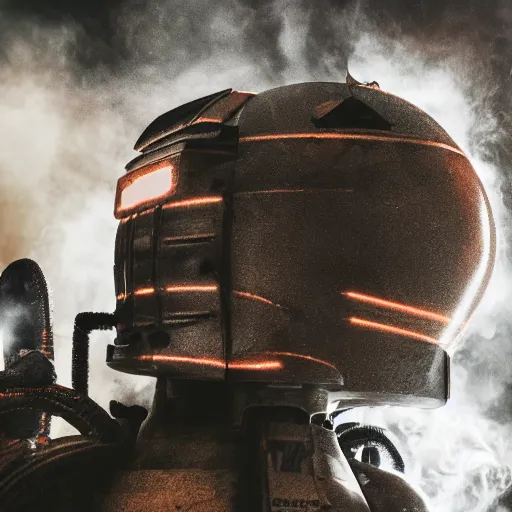 Image similar to toaster oven mecha head, dark messy smoke - filled cluttered workshop, dark, dramatic lighting, orange tint, sparks, cinematic, highly detailed, sci - fi, futuristic, movie still