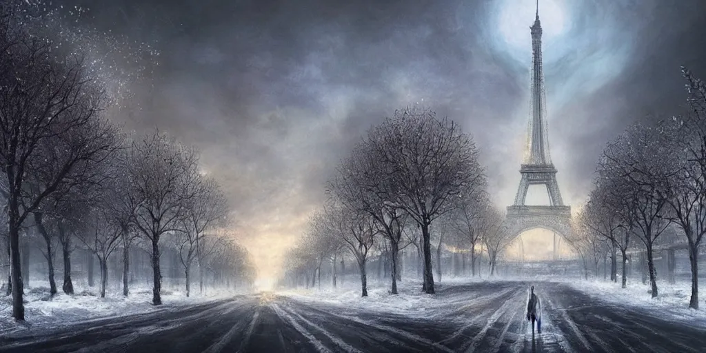 Prompt: nuclear winter, paris, near future, fantasy, sci - fi, hyper realistic, serene.