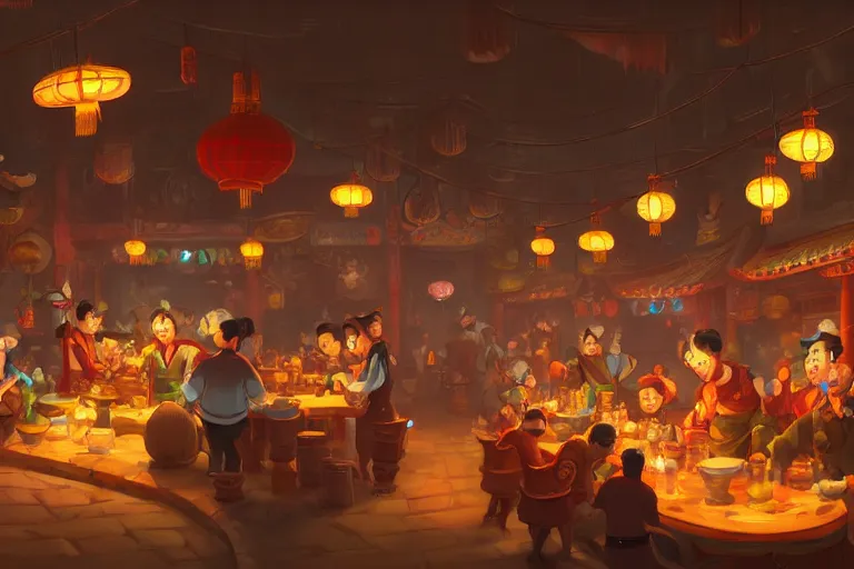 Image similar to fantasy art of a bustling tavern in china, at night, by cory loftis, highly detailed digital art, trending on artstation