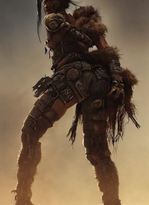 Image similar to hyper realistic photography portrait of postapocalyptic madmax cyberpunk asian japanese cyborg tribal festival warrior girl amazon face cinematic, vallejo, back shot, craig mullins greg rutkowski, artstation, cgsociety