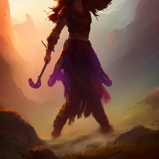 Image similar to Long Shot of Aloy in misty mysterious astral temple jumpin with pistol in river of chromatic SPIRITS , beautiful, dmt, trending on artstation, omnious, soft, artwork by Wong, Liam