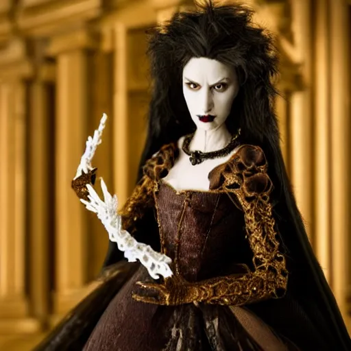 Image similar to photo taken of an epic intricate, ultra detailed, super realistic stop motion puppet of a majestic gracious regal aristocratic brunette female vampire and gothic filmset created by weta workshop, menacing, wide angle, full body shots, photorealistic, sharp focus, white wall, extremely cold blueish colour temperature, 3 5 mm, f 1. 4, golden ratio