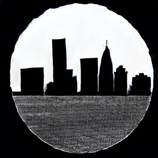 Image similar to a perfect circle where the inside is empty blank space and around the outer edge of the circle is the silhouette of a city skyline, black and white, minimalist, in the style of a line drawing