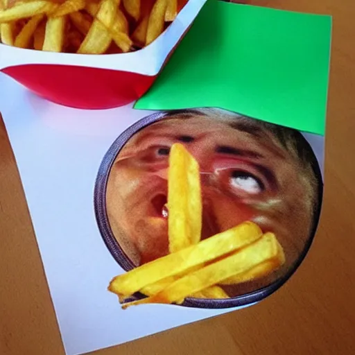 Image similar to photo of [ a french fry chip ] shaped like stephen fry as a hybrid intercross mix