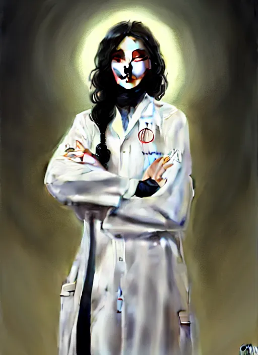 Prompt: glamorous saudi biochemist, lab coat, wavy black hair, studio lighting, portrait by Magali Villeneuve and Steve Argyle,Livia Prima,Mucha,fantasy art,beautiful,artstation,alluring