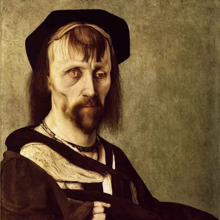 Prompt: portrait of a charming but deranged cult leader. Painting by Hans Holbein, August Sander