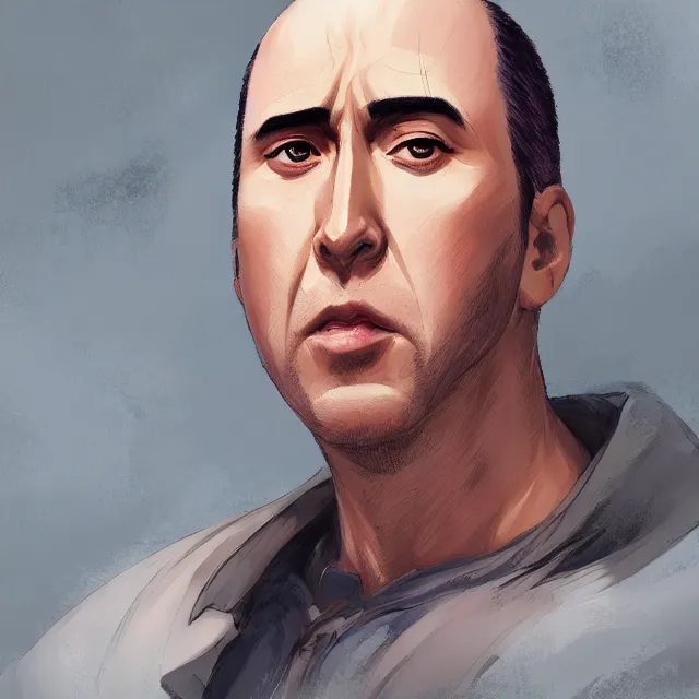 Image similar to anime portrait of bald nicolas cage neutral expression face straight on headshot even lighting no hair by stanley artgerm lau, wlop, rossdraws, james jean, andrei riabovitchev, marc simonetti, and sakimichan, trending on artstation