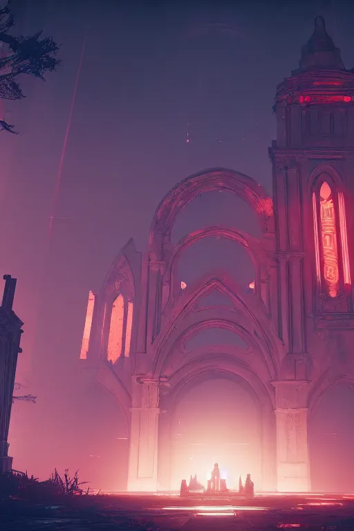 Image similar to symmetrical, centered composition, ancient church with red shafts of light in destiny 2, foggy, liminal, dark, dystopian, beautiful architecture, abandoned, highly detailed 4 k destiny 2 expansion key art wallpaper