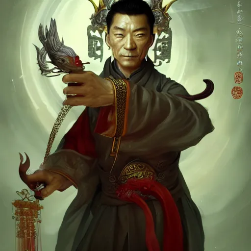 Image similar to a chinese taoist priest, like andy lau, immortal taoist bones, affable ， style of tom bagshaw, cedric peyravernay, peter mohrbacher, victo nga, 4 k hd illustrative wallpaper, animation style, chinese style