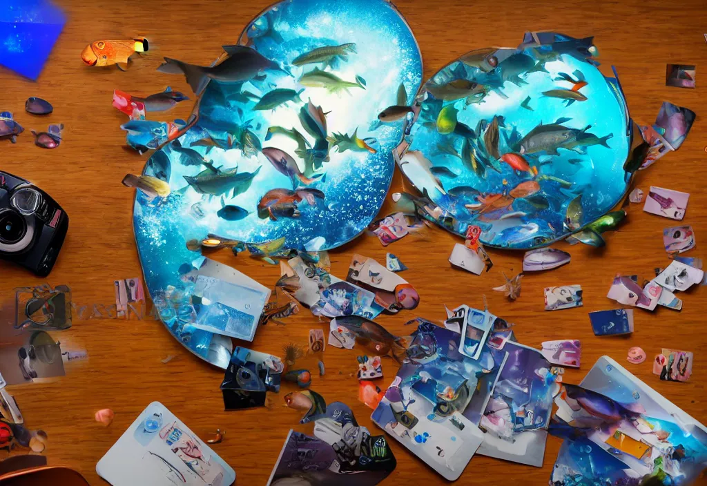 Image similar to 3 d fishes popping out of curved movie screen, fishes floating in bedroom, volumetric lighting, sleeping, pair of keycards on table, bokeh, creterion collection, shot on 7 0 mm, instax