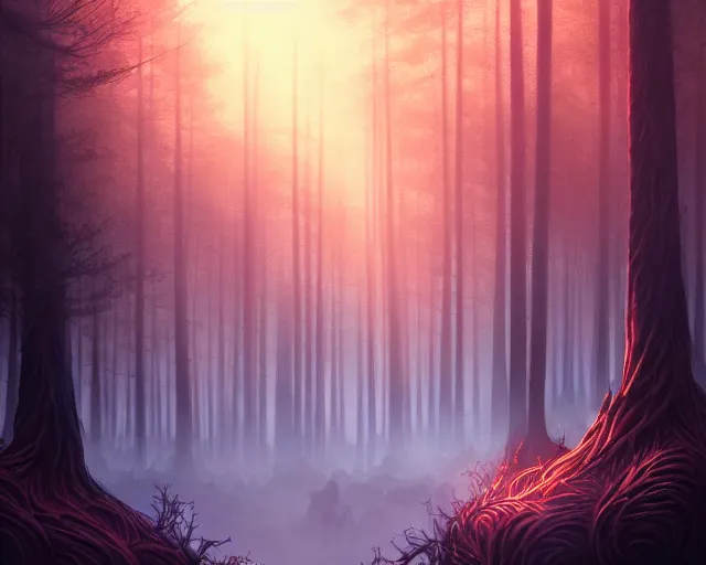 Image similar to dark twisted forest with god rays at sunset, deep focus, d & d, fantasy, intricate, elegant, highly detailed, digital painting, artstation, concept art, matte, sharp focus, illustration, hearthstone,