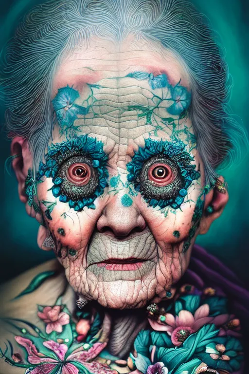 Image similar to hyperrealistic hyper detailed close-up portrait of old woman covered in rococo flower tattoos matte painting concept art hannah yata very dramatic dark teal lighting low angle hd 8k sharp 35mm shallow depth of field