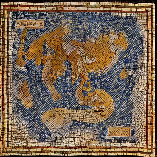 Prompt: medium shot Mosaic depicting D&D map, from Italica, AD 176-275. Archaeological Museum, Seville. Byzantine mosaics, highly detailed, HQ, HD, beautiful, National Geographic,