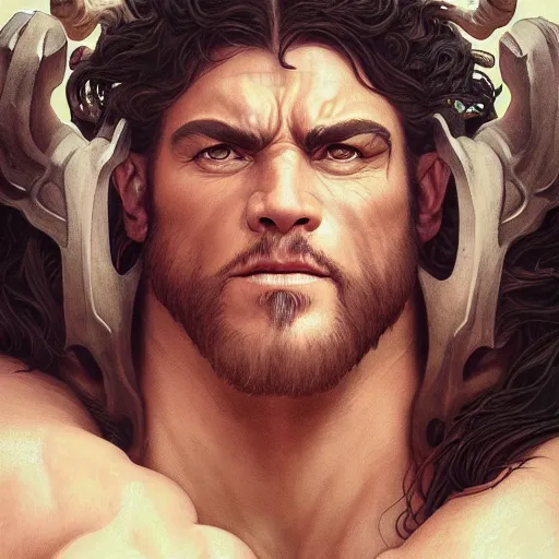 Image similar to hulking herculean ogre jesus christ, masterpiece, intricate, elegant, highly detailed, digital painting, artstation, concept art, smooth, sharp focus, illustration, art by artgerm and greg rutkowski and alphonse mucha and uang guangjian and gil elvgren and sachin teng, symmetry!!