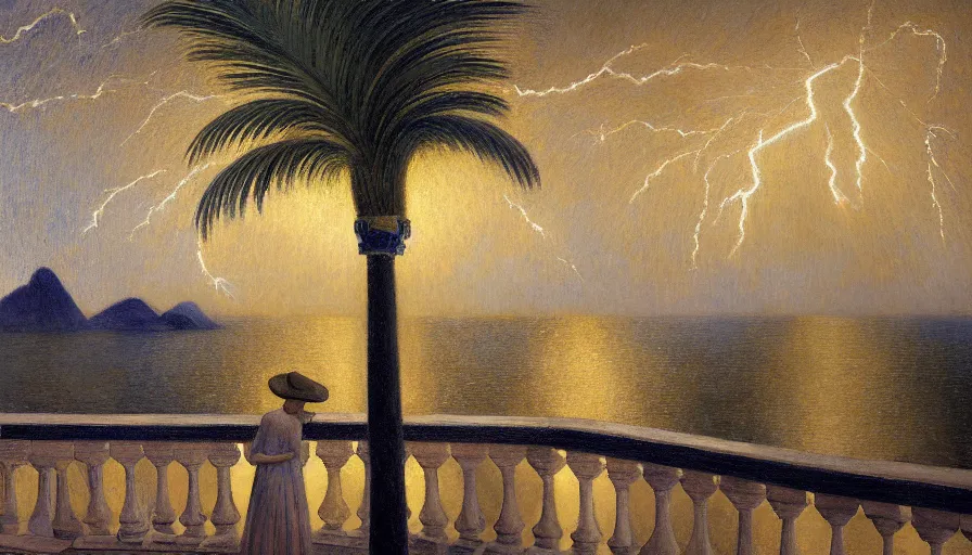 Prompt: a ultradetailed beautiful painting of the night sky of the rio de janeiro palace balustrade designed by tarsila do amaral, jules bastien - lepage, frank weston and gustave baumann, beach, trending on artstation, mediterranean, palm trees, sharp focus, lightning star sparkles refraced lines, soft light, 8 k