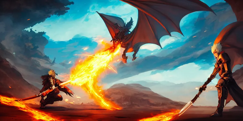 Image similar to dragon spits fire on a blue knight holding a gold sword, a green hatchback car is nearby, low wide angle, anime, desert landscape, greg rutkowski, Murata, one punch man manga, cinematic, digital art, hyper realistic