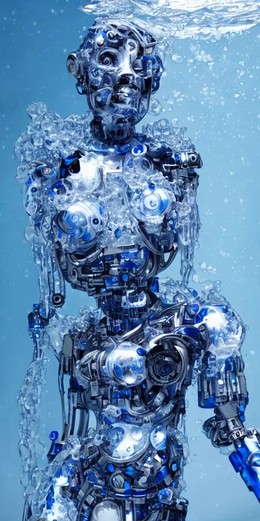 Prompt: a beautiful cyborg made of water