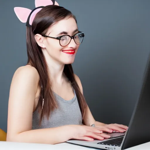 Image similar to cute woman wearing tank top and cat ears plays on computer