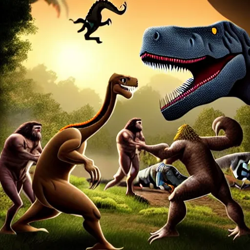 Image similar to A large dinosaur! fighting with several realistic detailed cavemen with proportioned bodies, next to the dinosaur are cavemen, the cavemen are armed with spears, the caveman are in a fighting stance, the cavemen are wearing animal furs, one caveman is stabbing the dinosaur with his spear, one caveman is cowering in fear, coarse canvas, visible brushstrokes, intricate, extremely detailed painting by William Turner (and by Greg Rutkowski)