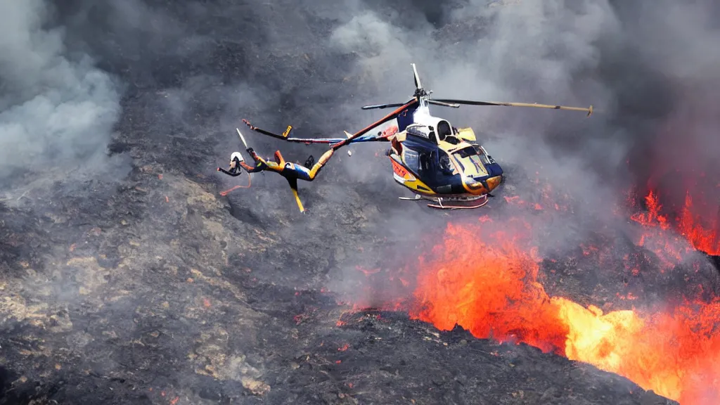 Image similar to person wearing a sponsored team jersey with logos jumping out of a helicopter with a surfboard into a volcano, action shot, dystopian, thick black smoke and fire, sharp focus