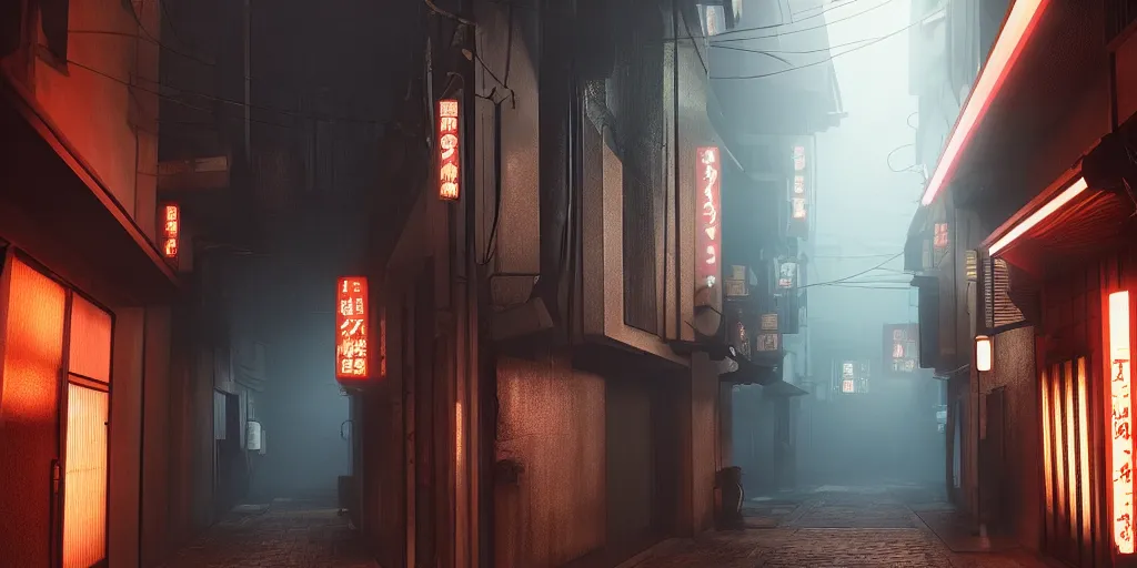 Image similar to a japanese alleyway in the style of blade runner 2049, volumetric lighting,