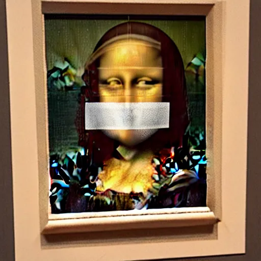 Prompt: the mona lisa in the style of an ancient greek mask, glazed terracotta, 3 0 0 bc, metropolitan museum of art