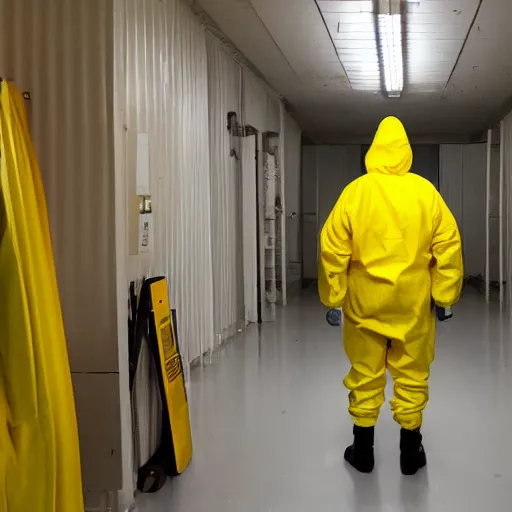 Image similar to a man wearing a yellow hazmat suit inside the backrooms, liminal space, flickering fluorescent lights, eerie mood