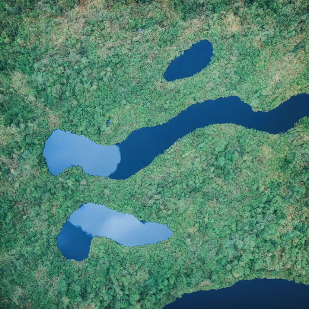 Image similar to ariel view of peninsula, cloud reflection, lake, fields, nature, very detailed, 4 k, professional photography