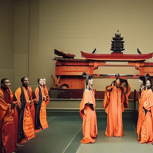 Prompt: Shogun Shaq ascension ceremony Smithsonian institution archives stolen by Nicolas Cage photography by Wes Anderson