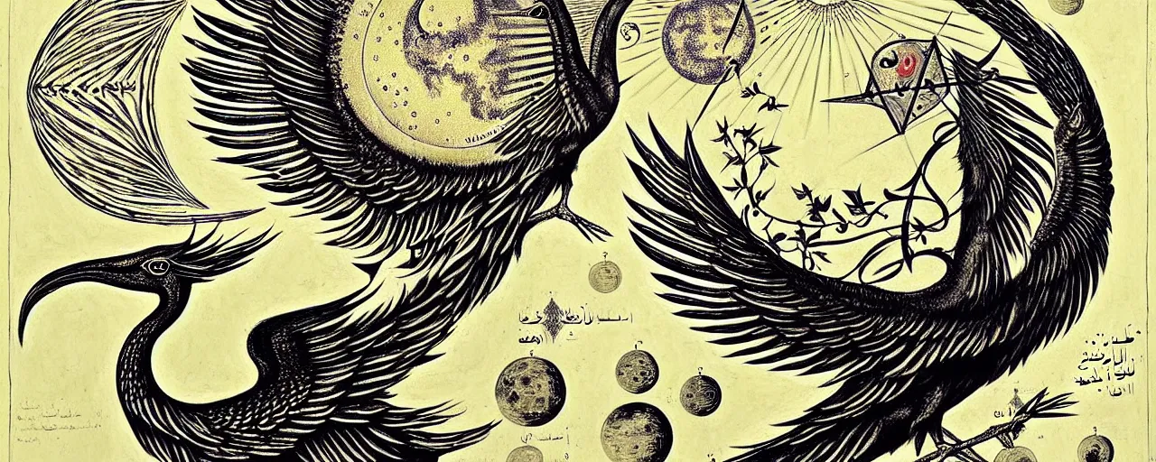 Image similar to a simorgh sings a unique canto'as above so below'to the moon, while being ignited by the spirit of haeckel and robert fludd, breakthrough is iminent, glory be to the magic within, in honor of saturn, painted by ronny khalil