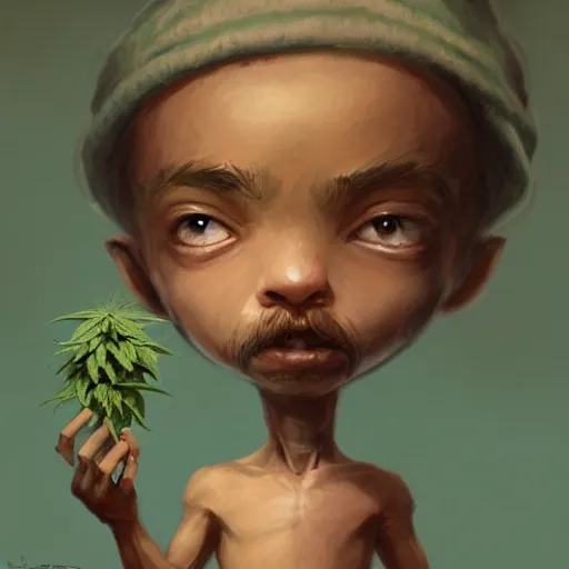 Image similar to a cute little man made of hemp, with a head in the form of a cannabis bloom, like baby grut, green skin, character, art by james jean and greg rutkowski!!, realistic face, digital art, chibi style, golden ratio, perfect composition, trending on artstation, 8 k